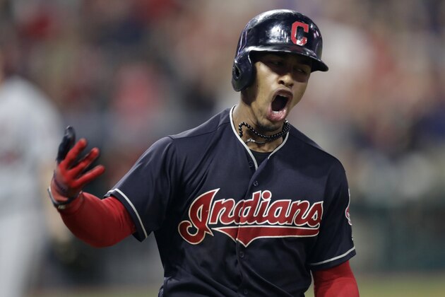 Cleveland Indians' Francisco Lindor celebrates after hitting a walk-off three run home run off Minnesota Twins relief pitcher Trevor Hildenberger during a baseball game Wednesday, Aug. 8, 2018, in Cleveland. The Indians won 5-2. (AP Photo/Tony Dejak)