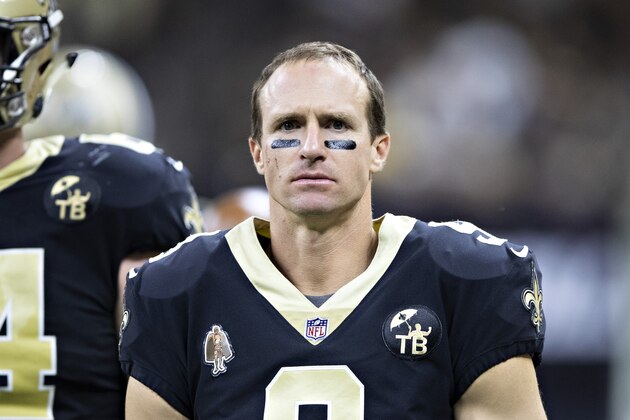 NEW ORLEANS, LA - AUGUST 30:  Drew Brees #9 of the New Orleans Saints on the sidelines during a game against the Los Angeles Rams at Mercedes-Benz Superdome during week 4 of the preseason on August 30, 2018 in New Orleans, Louisiana.  The Saints defeated the Rams 28-0.  (Photo by Wesley Hitt/Getty Images)