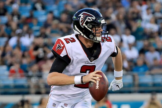 JACKSONVILLE, FL - AUGUST 25:  Matt Ryan #2 of the Atlanta Falcons attempts a pass during a preseason game against the Jacksonville Jaguars at TIAA Bank Field on August 25, 2018 in Jacksonville, Florida.  (Photo by Sam Greenwood/Getty Images)