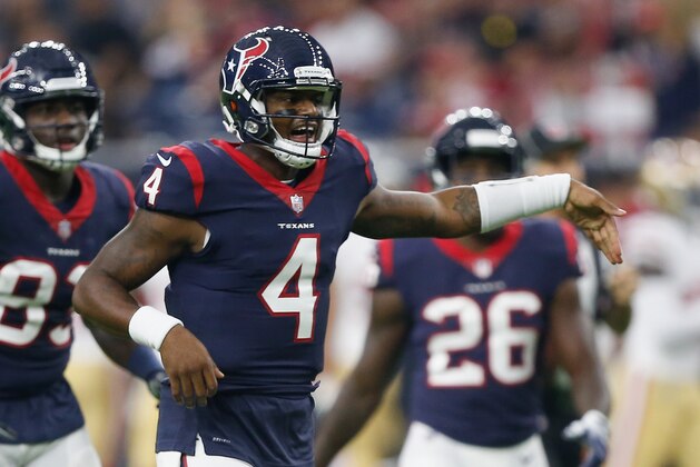 HOUSTON, TX - AUGUST 18:  Deshaun Watson #4 of the Houston Texans calls a play as he comes to the line of scrimmage against the San Francisco 49ers during a preseason game at NRG Stadium on August 18, 2018 in Houston, Texas.  (Photo by Bob Levey/Getty Images)