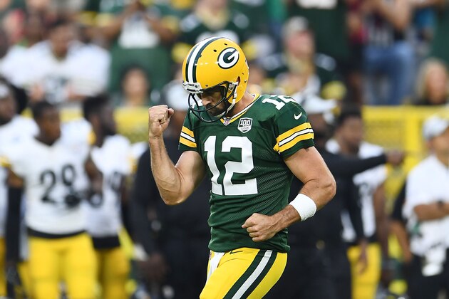 GREEN BAY, WI - AUGUST 16:  Aaron Rodgers #12 of the Green Bay Packers reacts to a play during a preseason game against the Pittsburgh Steelers at Lambeau Field on August 16, 2018 in Green Bay, Wisconsin.  The Packers defeated the Steelers 51-34.  (Photo by Stacy Revere/Getty Images)