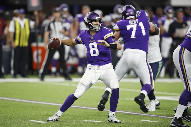 MINNEAPOLIS, MN - AUGUST 24: Kirk Cousins #8 of the Minnesota Vikings looks to pass the ball during a preseason game against the Seattle Seahawks at U.S. Bank Stadium on August 24, 2018 in Minneapolis, Minnesota. (Photo by Joe Robbins/Getty Images)
