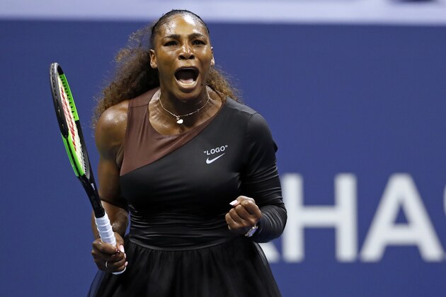 Serena Williams reacts to winning a game against Karolina Pliskova, of the Czech Republic, during the quarterfinals of the U.S. Open tennis tournament, Tuesday, Sept. 4, 2018, in New York. (AP Photo/Adam Hunger)