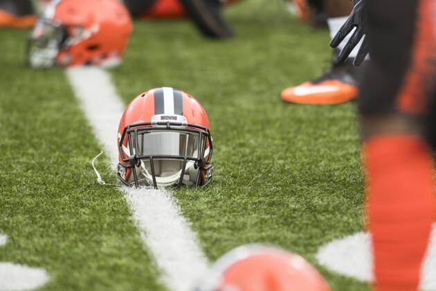 ORCHARD PARK, NY - DECEMBER 18:  A Cleveland Browns helmet rests on the field before the game against the Buffalo Bills on December 18, 2016 at New Era Field in Orchard Park, New York. Buffalo defeats Cleveland 33-13.  (Photo by Brett Carlsen/Getty Images) *** Local Caption ***