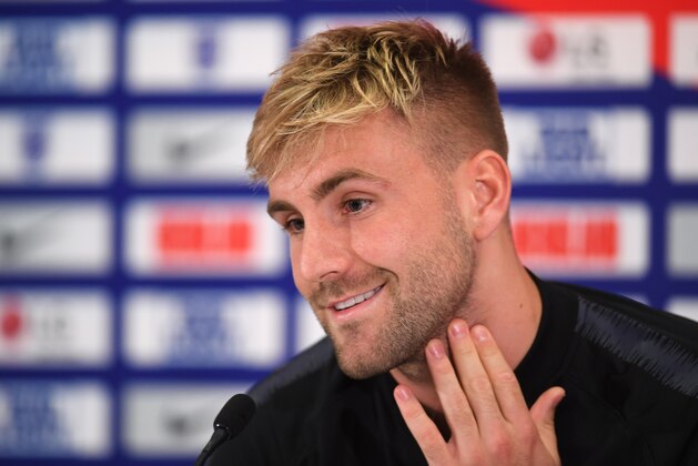 BURTON-UPON-TRENT, ENGLAND - SEPTEMBER 04:  Luke Shaw of England looks on during an England press conference at St Georges Park on September 4, 2018 in Burton-upon-Trent, England.  (Photo by Laurence Griffiths/Getty Images)