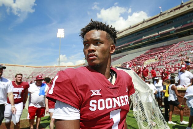 NORMAN, OK - SEPTEMBER 01: Quarterback Kyler Murray #1 of the Oklahoma Sooners walks off the field after the game against the Florida Atlantic Owls at Gaylord Family Oklahoma Memorial Stadium on September 1, 2018 in Norman, Oklahoma. The Sooners defeated the Owls 63-14. (Photo by Brett Deering/Getty Images)
