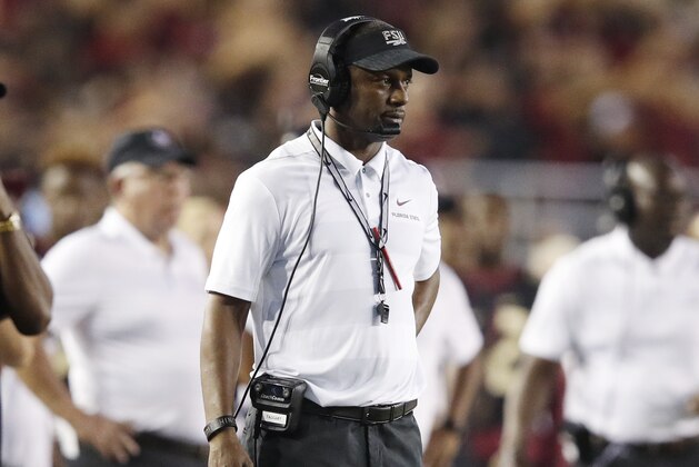 TALLAHASSEE, FL - SEPTEMBER 03: Head coach Willie Taggart of the Florida State Seminoles looks on in the first quarter of the game against Virginia Tech Hokies at Doak Campbell Stadium on September 3, 2018 in Tallahassee, Florida. (Photo by Joe Robbins/Getty Images)