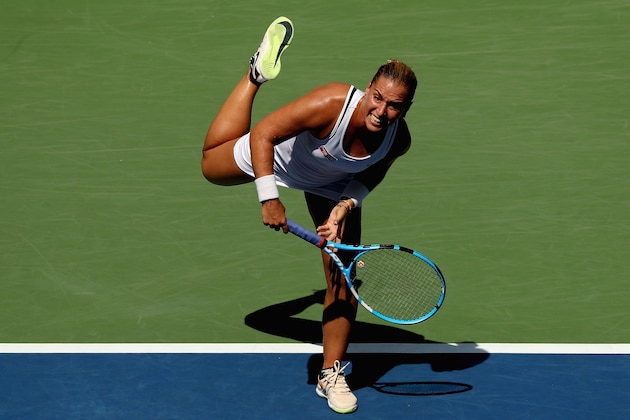 NEW YORK, NY - SEPTEMBER 03:  Dominika Cibulkova of Slovakia serves the ball during the women's singles fourth round match against Madison Keys of The United States on Day Eight of the 2018 US Open at the USTA Billie Jean King National Tennis Center on September 3, 2018 in the Flushing neighborhood of the Queens borough of New York City.  (Photo by Matthew Stockman/Getty Images)