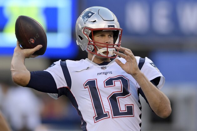 New England Patriots quarterback Tom Brady works out prior to an NFL football game against the New York Giants, Thursday, Aug. 30, 2018, in East Rutherford. (AP Photo/Bill Kostroun)