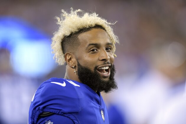 New York Giants wide receiver Odell Beckham looks on from the bench during the second half of an NFL preseason football game against the New England Patriots, Thursday, Aug. 30, 2018, in East Rutherford. (AP Photo/Bill Kostroun)