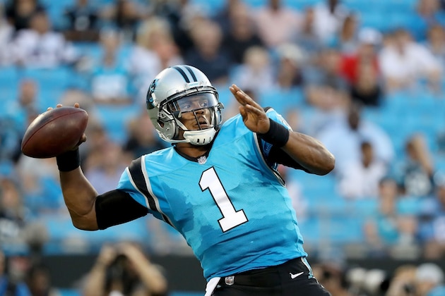 CHARLOTTE, NC - AUGUST 24:  Cam Newton #1 of the Carolina Panthers throws a pass against the New England Patriots in the first quarter during their game at Bank of America Stadium on August 24, 2018 in Charlotte, North Carolina.  (Photo by Streeter Lecka/Getty Images)