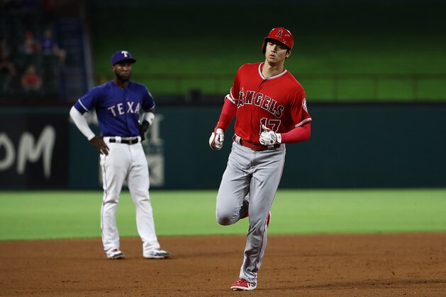 ARLINGTON, TX - SEPTEMBER 05:  Shohei Ohtani #17 of the Los Angeles Angels runs the bases after hitting a homerun against the Texas Rangers in the fifth inning at Globe Life Park in Arlington on September 5, 2018 in Arlington, Texas.  (Photo by Ronald Martinez/Getty Images)