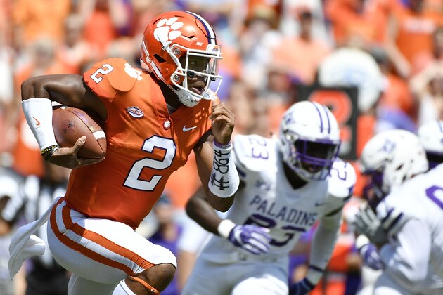 CLEMSON, SC - SEPTEMBER 01: Quarterback Kelly Bryant #2 of the Clemson Tigers runs the football during the first quarter of the Tigers' football game against the Furman Paladins at Clemson Memorial Stadium on September 1, 2018 in Clemson, South Carolina. (Photo by Mike Comer/Getty Images)