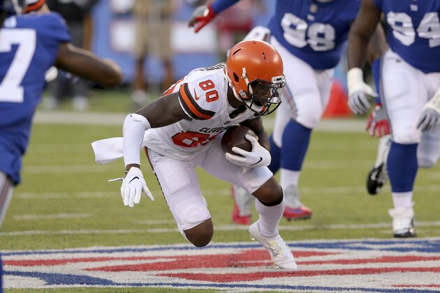 Cleveland Browns wide receiver Jarvis Landry (80) in action against the New York Giants during an NFL preseason football game on Thursday, Aug. 9, 2018, in East Rutherford, N.J. (AP Photo/Brad Penner)