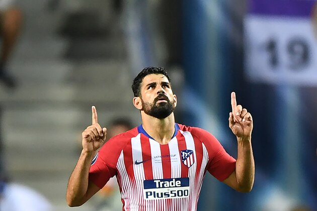 Atletico Madrid's Spanish forward Diego Costa celebrates after scoring a second goal during the UEFA Super Cup football match between Real Madrid and Atletico Madrid at the Lillekula Stadium in the Estonian capital Tallinn on August 15, 2018. (Photo by Janek SKARZYNSKI / AFP)        (Photo credit should read JANEK SKARZYNSKI/AFP/Getty Images)
