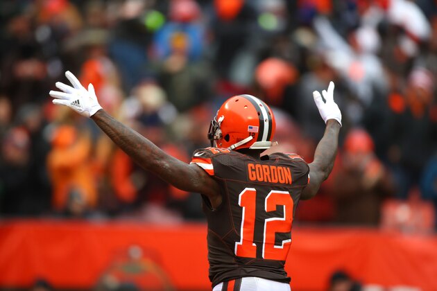 CLEVELAND, OH - DECEMBER 10: Josh Gordon #12 of the Cleveland Browns celebrates a touchdown in the first quarter against the Green Bay Packers at FirstEnergy Stadium on December 10, 2017 in Cleveland, Ohio. (Photo by Gregory Shamus/Getty Images)
