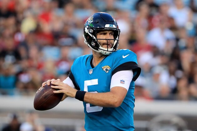 JACKSONVILLE, FL - AUGUST 25:  Blake Bortles #5 of the Jacksonville Jaguars attempts a pass during a preseason game against the Atlanta Falcons at TIAA Bank Field on August 25, 2018 in Jacksonville, Florida.  (Photo by Sam Greenwood/Getty Images)