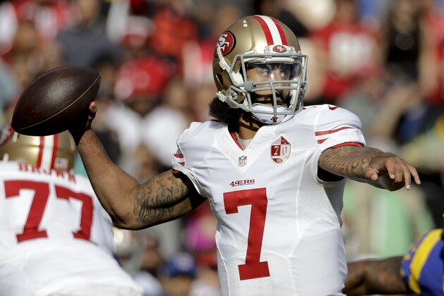 San Francisco 49ers quarterback Colin Kaepernick passes against the Los Angeles Rams during the first half of an NFL football game Saturday, Dec. 24, 2016, in Los Angeles. (AP Photo/Jae C. Hong) San Francisco 49ers quarterback Colin Kaepernick passes against the Los Angeles Rams during the first half of an NFL football game Saturday, Dec. 24, 2016, in Los Angeles. (AP Photo/Jae C. Hong)