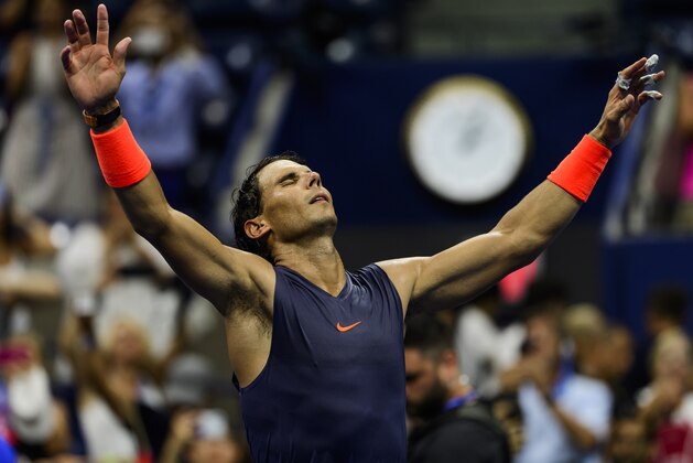 NEW YORK, NY - SEPTEMBER 04:  Rafael Nadal of Spain celebrates beating Dominic Thiem of Austria in the quarter finals of the US Open at the USTA Billie Jean King National Tennis Centre on September 04, 2018 in New York City, United States. (Photo by TPN/Getty Images)'n'n