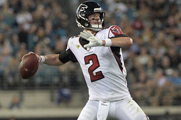 Atlanta Falcons quarterback Matt Ryan (2) throws a pass against the Jacksonville Jaguars during the first half of an NFL preseason football game, Saturday, Aug. 25, 2018, in Jacksonville, Fla. (AP Photo/Phelan M. Ebenhack)