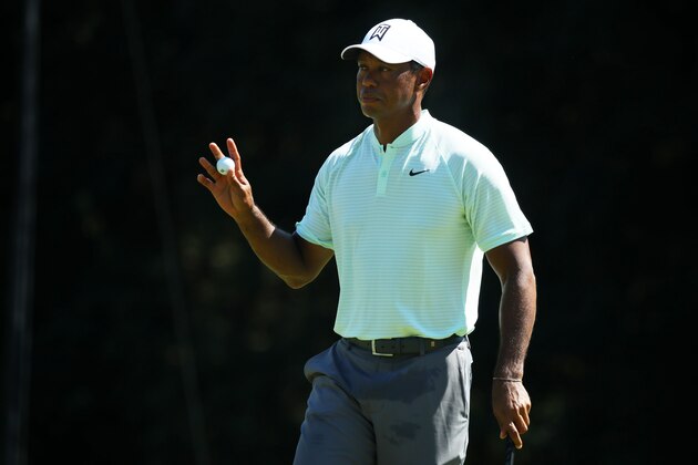 NEWTOWN SQUARE, PA - SEPTEMBER 06:  Tiger Woods of the United States reacts to his birdie on the 12th green during the first round of the BMW Championship at Aronimink Golf Club on September 6, 2018 in Newtown Square, Pennsylvania.  (Photo by Gregory Shamus/Getty Images)