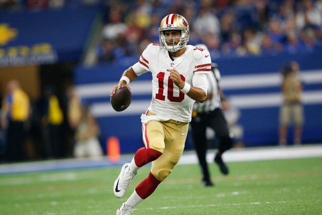 INDIANAPOLIS, IN - AUGUST 25: Jimmy Garoppolo #10 of the San Francisco 49ers looks for an open receiver during the game against the Indianapolis Colts at Lucas Oil Stadium on August 25, 2018 in Indianapolis, Indiana. The Colts defeated the 49ers 23-17. (Photo by Michael Zagaris/San Francisco 49ers/Getty Images)