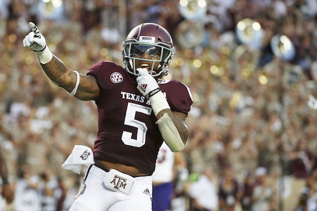 COLLEGE STATION, TX - AUGUST 30:  Trayveon Williams #5 of the Texas A&M Aggies celebrates after scoring on a 73 yard touchdown run against the Northwestern State Demons during the first half of a football game at Kyle Field on August 30, 2018 in College Station, Texas.  (Photo by Cooper Neill/Getty Images)