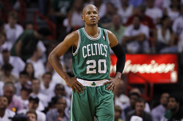 Boston Celtics' Ray Allen (20) during the second half of Game 5 in their NBA basketball Eastern Conference finals playoffs series against the Miami Heat, Tuesday, June 5, 2012, in Miami. (AP Photo/Lynne Sladky)