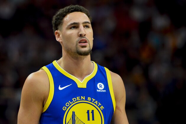 Golden State Warriors guard Klay Thompson (11) looks on in the first half of an NBA basketball game against the Utah Jazz Tuesday, April 10, 2018, in Salt Lake City. (AP Photo/Alex Goodlett)