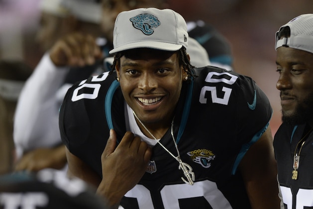 Jacksonville Jaguars cornerback Jalen Ramsey (20) during the second half of an NFL preseason football game against the Tampa Bay Buccaneers Thursday, Aug. 30, 2018, in Tampa, Fla. (AP Photo/Jason Behnken)