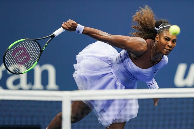 Serena Williams of the US hits a return to Anastasija Sevastova of Latvia during their Women's Singles Semi-Finals match at the 2018 US Open at the USTA Billie Jean King National Tennis Center in New York on September 6, 2018. (Photo by EDUARDO MUNOZ ALVAREZ / AFP)        (Photo credit should read EDUARDO MUNOZ ALVAREZ/AFP/Getty Images)