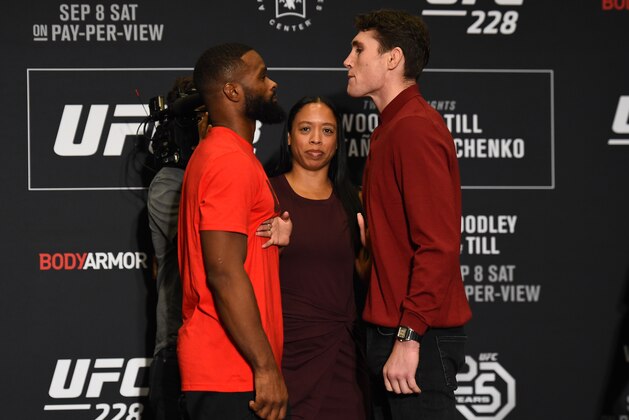 DALLAS, TX - SEPTEMBER 06:   (L-R) Opponents Tyron Woodley and Darren Till of England face off during the UFC 228 ultimate media day on September 6, 2018 in Dallas, Texas. (Photo by Josh Hedges/Zuffa LLC/Zuffa LLC via Getty Images)