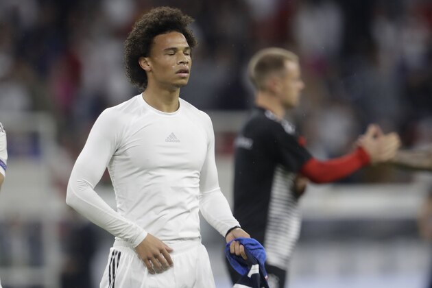 Germany's Leroy Sane closes his eyes after the UEFA Nations League soccer match between Germany and France in Munich, Germany, Thursday, Sept. 6, 2018. (AP Photo/Michael Probst)