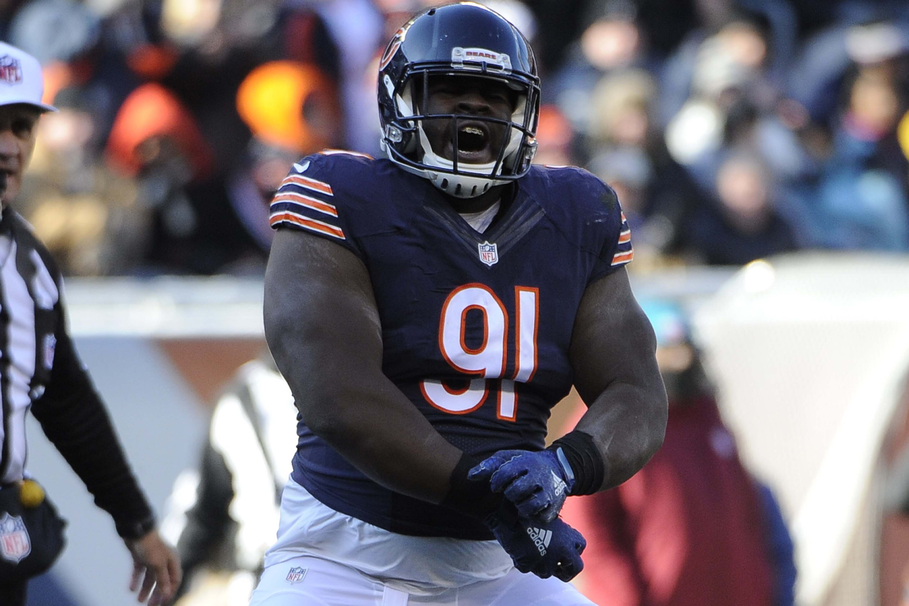 CHICAGO, IL- NOVEMBER 22: Eddie Goldman #91 of the Chicago Bears reacts after making a play against the Denver Broncos on November 22, 2015 at Soldier Field in Chicago, Illinois.  (Photo by David Banks/Getty Images)
