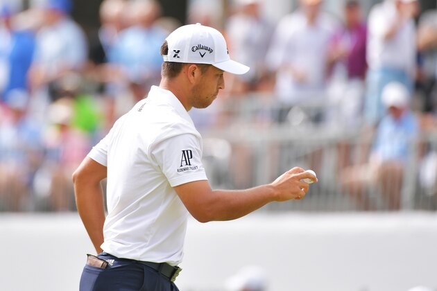 NEWTOWN SQUARE, PA - SEPTEMBER 07:  Xander Schauffele of the United States reacts during the second round of the BMW Championship at Aronimink Golf Club on September 7, 2018 in Newtown Square, Pennsylvania.  (Photo by Drew Hallowell/Getty Images)