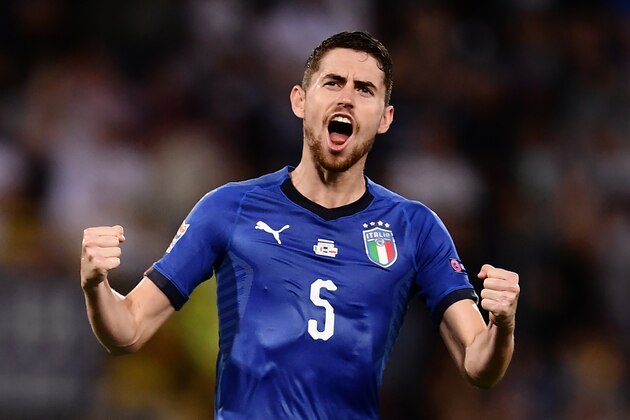 Italy's midfielder Jorginho celebrates after scoring with his teammates during the UEFA Nations League football match between Italy and Poland at Renato Dall'Ara Stadium in Bologna on September 7, 2018. (Photo by MARCO BERTORELLO / AFP)        (Photo credit should read MARCO BERTORELLO/AFP/Getty Images)