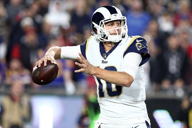 LOS ANGELES, CA - JANUARY 06:  Jared Goff #16 of the Los Angeles Rams prepares to throw a pass during the NFC Wild Card Playoff Game against the Atlanta Falcons at the Los Angeles Coliseum on January 6, 2018 in Los Angeles, California.  (Photo by Sean M. Haffey/Getty Images)