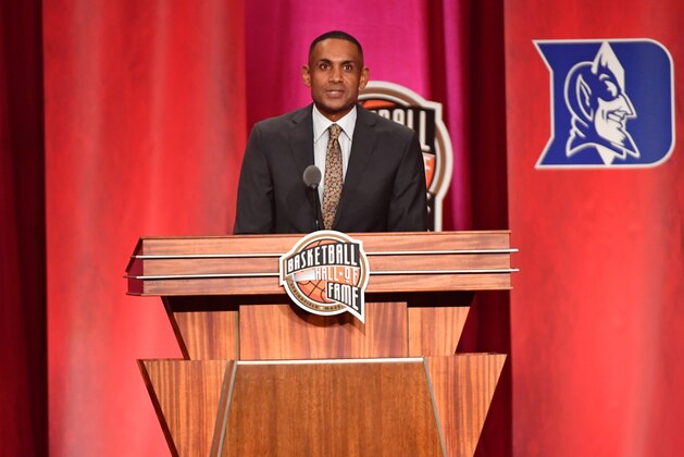SPRINGFIELD, MA - SEPTEMBER 7: Inductee Grant Hill speaks during the 2018 Basketball Hall of Fame Enshrinement Ceremony on September 7, 2018 at Symphony Hall in Springfield, Massachusetts. NOTE TO USER: User expressly acknowledges and agrees that, by downloading and/or using this photograph, user is consenting to the terms and conditions of the Getty Images License Agreement. Mandatory Copyright Notice: Copyright 2018 NBAE (Photo by Jesse D. Garrabrant/NBAE via Getty Images)