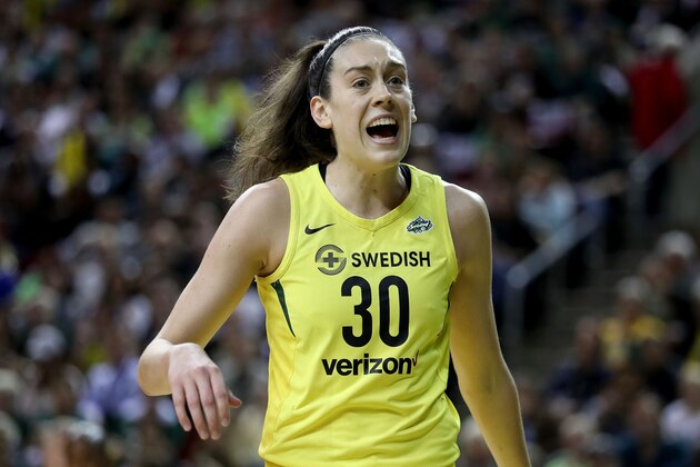 SEATTLE, WA - SEPTEMBER 07: Breanna Stewart #30 of the Seattle Storm reacts against the Washington Mystics in the first quarter during game one of the WNBA Finals at KeyArena on September 7, 2018 in Seattle, Washington.  (Photo by Abbie Parr/Getty Images)