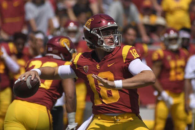 Southern California quarterback Jt Daniels passes during the first half of an NCAA college football game against UNLV Saturday, Sept. 1, 2018, in Los Angeles. (AP Photo/Mark J. Terrill)