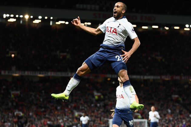 MANCHESTER, ENGLAND - AUGUST 27:  Lucas Moura of Tottenham Hotspur celebrates after scoring his team's third goal during the Premier League match between Manchester United and Tottenham Hotspur at Old Trafford on August 27, 2018 in Manchester, United Kingdom.  (Photo by Clive Mason/Getty Images)
