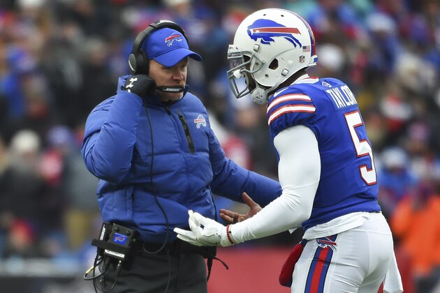 Buffalo Bills quarterback Tyrod Taylor (5) gestures while talking with head coach Sean McDermott against the Miami Dolphins during the first half of an NFL football game Sunday, December 17, 2017, in Orchard Park, N.Y. (AP Photo/Rich Barnes)