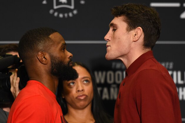 DALLAS, TX - SEPTEMBER 06:   (L-R) Opponents Tyron Woodley and Darren Till of England face off during the UFC 228 ultimate media day on September 6, 2018 in Dallas, Texas. (Photo by Josh Hedges/Zuffa LLC/Zuffa LLC via Getty Images)