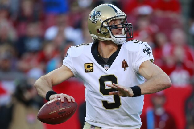 New Orleans Saints quarterback Drew Brees (9) looks to throw a pass against the Tampa Bay Buccaneers during an NFL football game Sunday, Dec. 31, 2017, in Tampa, Fla. The Buccaneers won the game 31-24. (Jeff Haynes/AP Images for Panini)