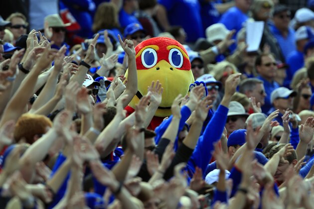 Kansas Jayhawks mascot during the first half of an NCAA college football game Texas Tech in Lawrence, Kan., Saturday, Oct. 7, 2017. (AP Photo/Orlin Wagner)