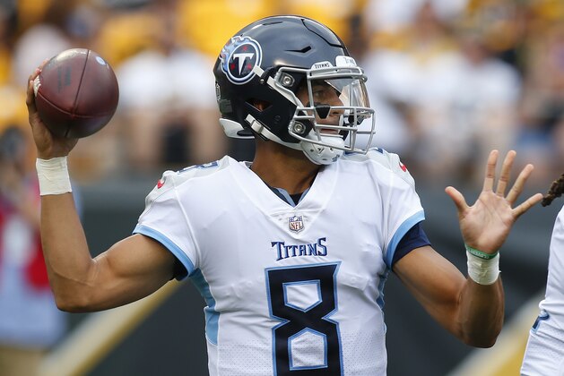 PITTSBURGH, PA - AUGUST 25:  Marcus Mariota #8 of the Tennessee Titans in action against the Pittsburgh Steelers during a preseason game on August 25, 2018 at Heinz Field in Pittsburgh, Pennsylvania.  (Photo by Justin K. Aller/Getty Images)
