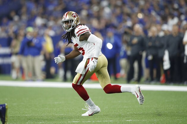 INDIANAPOLIS, IN - AUGUST 25: Richard Sherman #25 of the San Francisco 49ers in action during a preseason game against the Indianapolis Colts at Lucas Oil Stadium on August 25, 2018 in Indianapolis, Indiana. (Photo by Joe Robbins/Getty Images)