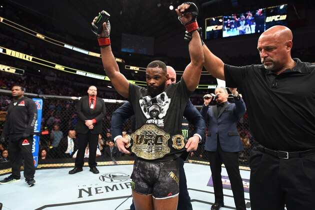 DALLAS, TX - SEPTEMBER 08:  UFC welterweight champion Tyron Woodley celebrates after defeating Darren Till of England in their UFC welterweight championship fight during the UFC 228 event at American Airlines Center on September 8, 2018 in Dallas, Texas. (Photo by Josh Hedges/Zuffa LLC/Zuffa LLC via Getty Images)