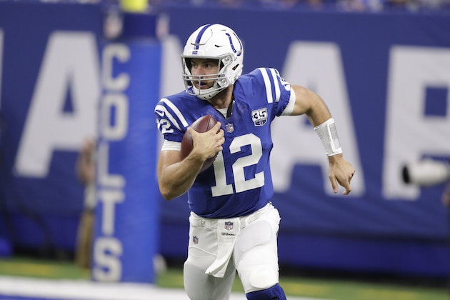FILE - In this Aug. 25, 2018, file photo, Indianapolis Colts quarterback Andrew Luck (12) runs during the first half of an NFL preseason football game against the San Francisco 49ers, in Indianapolis. Now, just a few days away from lining up against Cincinnati’s sack-happy defense, Luck looks and sounds like the confident leader his teammates expect.  (AP Photo/Michael Conroy, File)