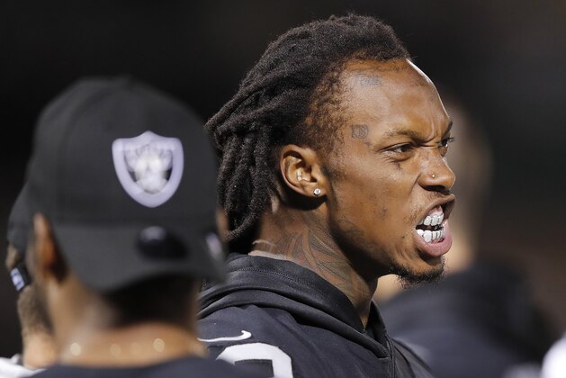 Oakland Raiders wide receiver Martavis Bryant, right, during the second half of an NFL preseason football game against the Detroit Lions in Oakland, Calif., Friday, Aug. 10, 2018. (AP Photo/John Hefti)